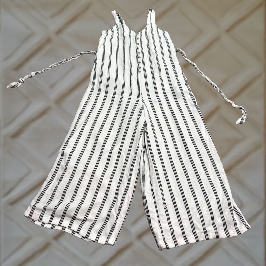 American Eagle Outfitters VINTAGE American Eagle Belted Wide Leg Jumpsuit Womens XS White Striped Button Up Size 26" / US 2 / IT 38 - 1 Thumbnail