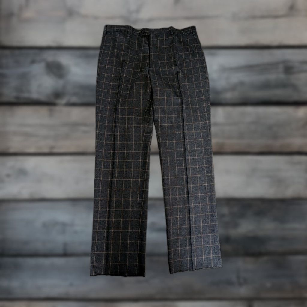 PAUL FREDRICK Gray Windowpane Wool Dress Pants 42X37 Pleated Regular Fit Men's