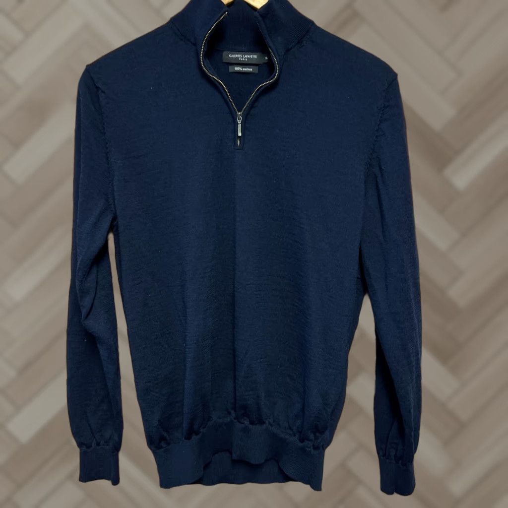 Vintage Galeries Lafayette Pullover Sweater Merino Wool Mens Blue XL Slim Knit Zipper 1/4 Zip Collared 26" Long Sleeve Size US XL / EU 56 / 4 - 1 Thumbnail