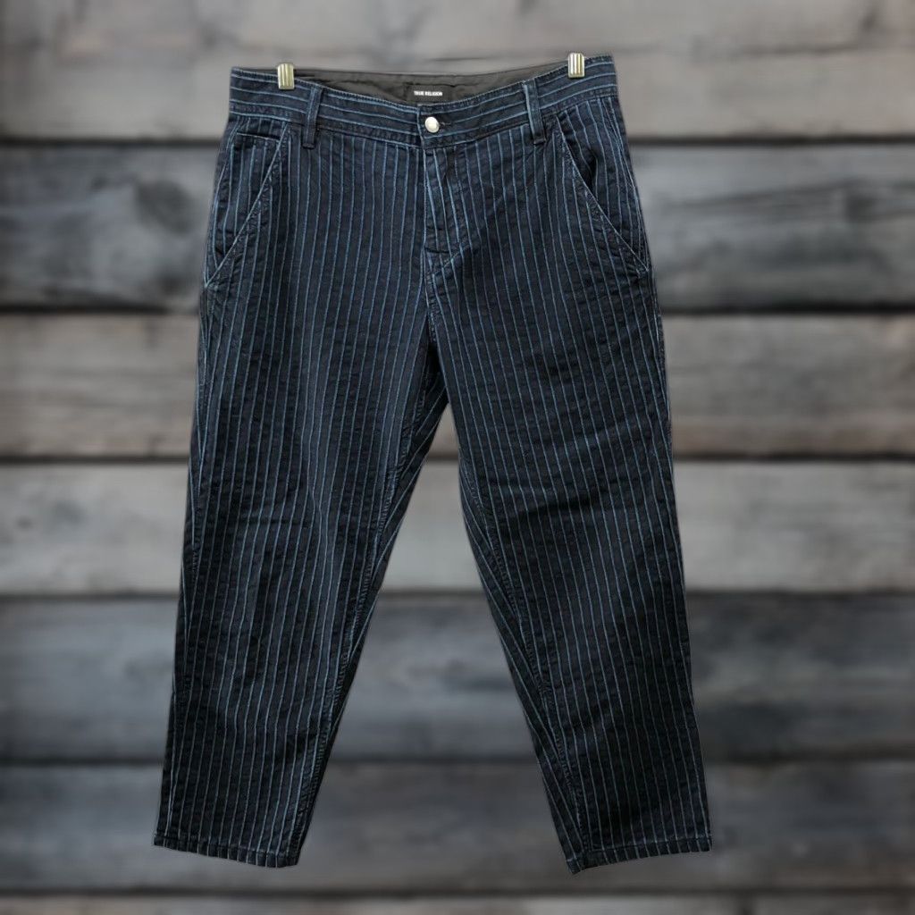 True Religion True Religion Devin Cropped Jeans Mens 32 Blue Striped Dark Wash Denim 5-Pocket Design Sneakers? (No) Size US 32 / EU 48 - 1 Thumbnail