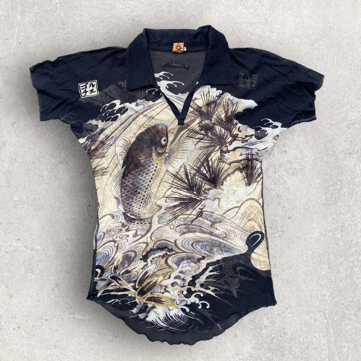 image of Jean Paul Gaultier Vintage Ss00 Koi Fish Sheer Mesh Polo in Black, Men's (Size Small)