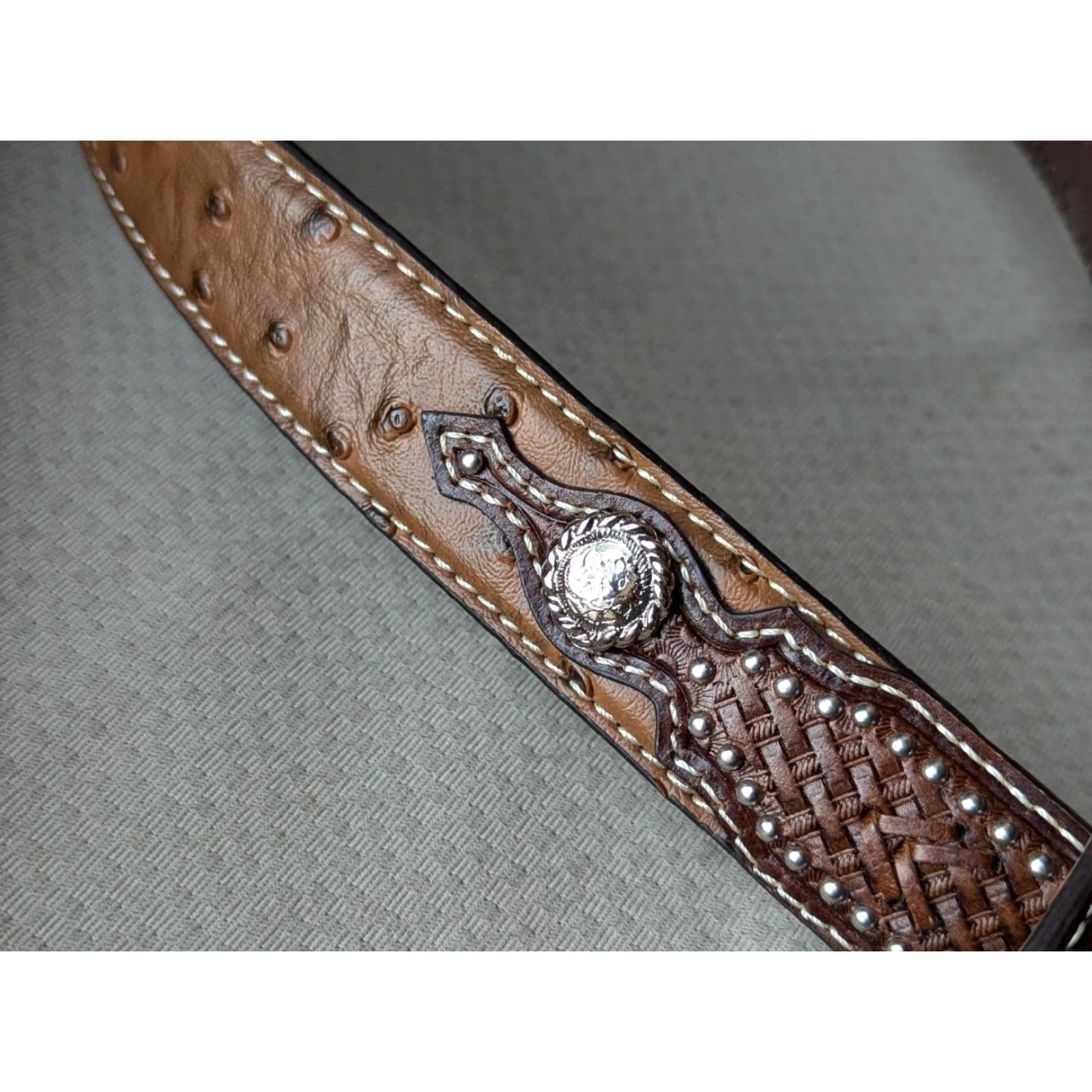Vintage VINTAGE Nocona belt OSTRICH brown 28 buckle western belt CONCHO leather 1-1/4" woven Southwestern (adjusted to maintain original words and rules) Size 28 - 3 Thumbnail