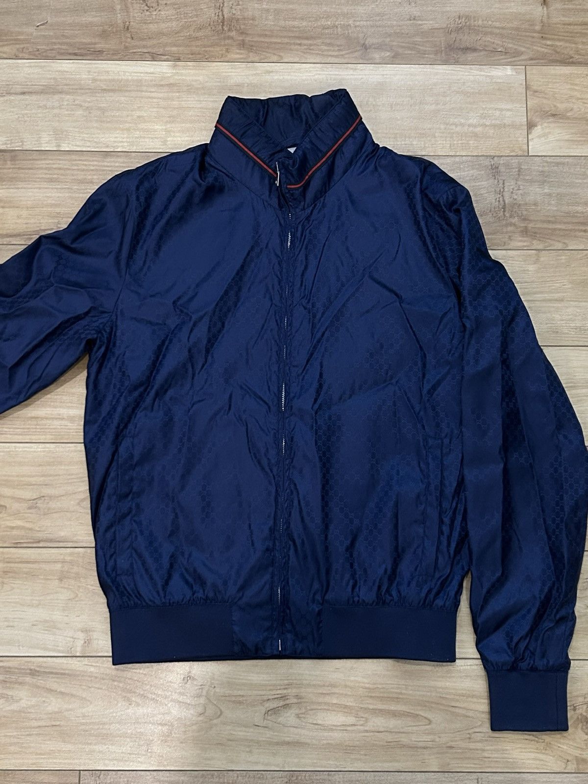 image of Gucci "web Logo" Bomber Jacket in Navy, Men's (Size Small)