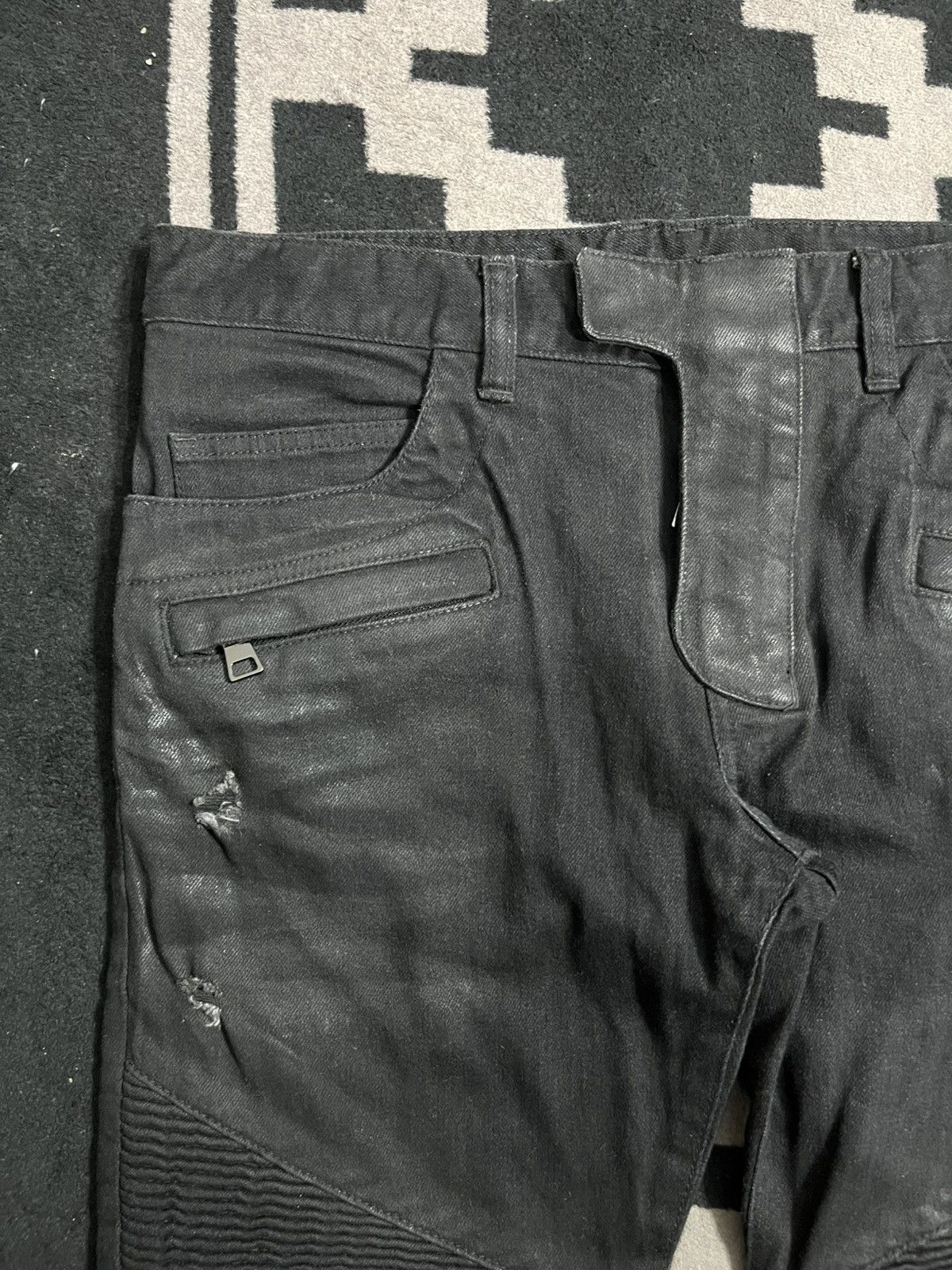 Balmain Christophe Decarnin black waxed distressed biker jeans Size US 31 - 6 Thumbnail