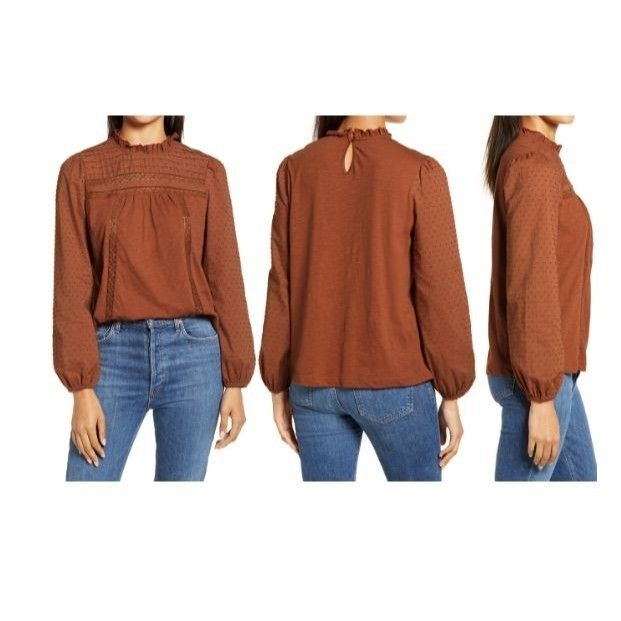 Other Caslon Pintuck Lace Detail Long Sleeve Cotton Blouse, Brown Size XS / US 0-2 / IT 36-38 - 1 Thumbnail