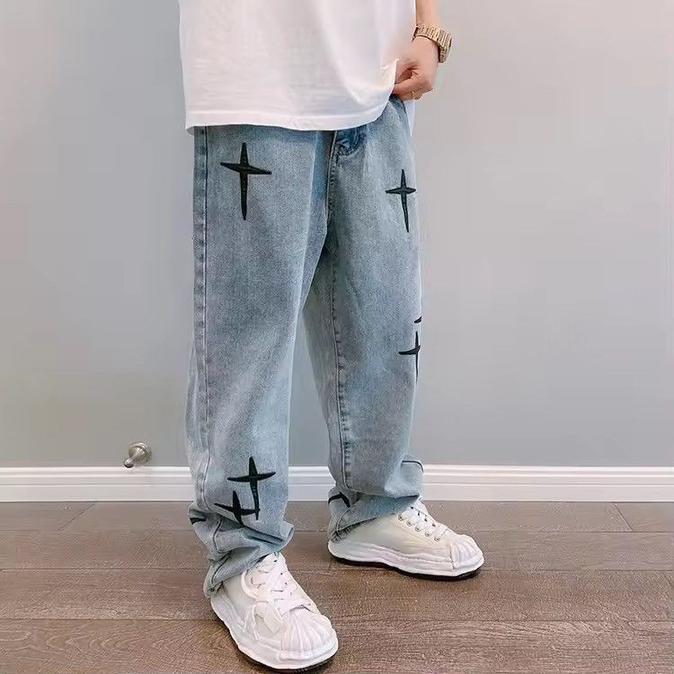 Jean Men's loose wide-leg sticker embroidery design jeans Size US 31 - 8 Thumbnail