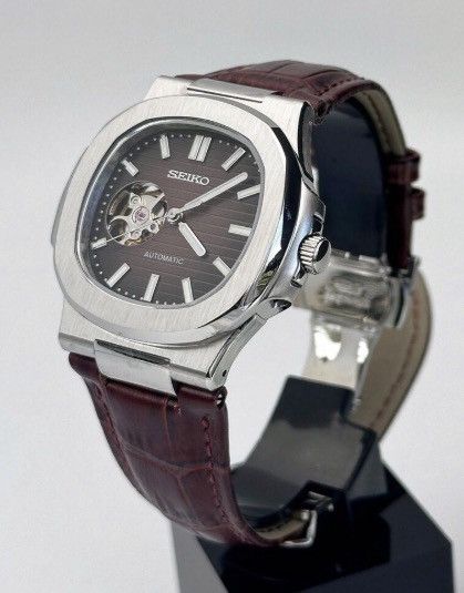 Japanese Brand Seiko Mod Nautilus Brown Open Dial Steel Watch Leather Strap Size ONE SIZE - 1 Thumbnail
