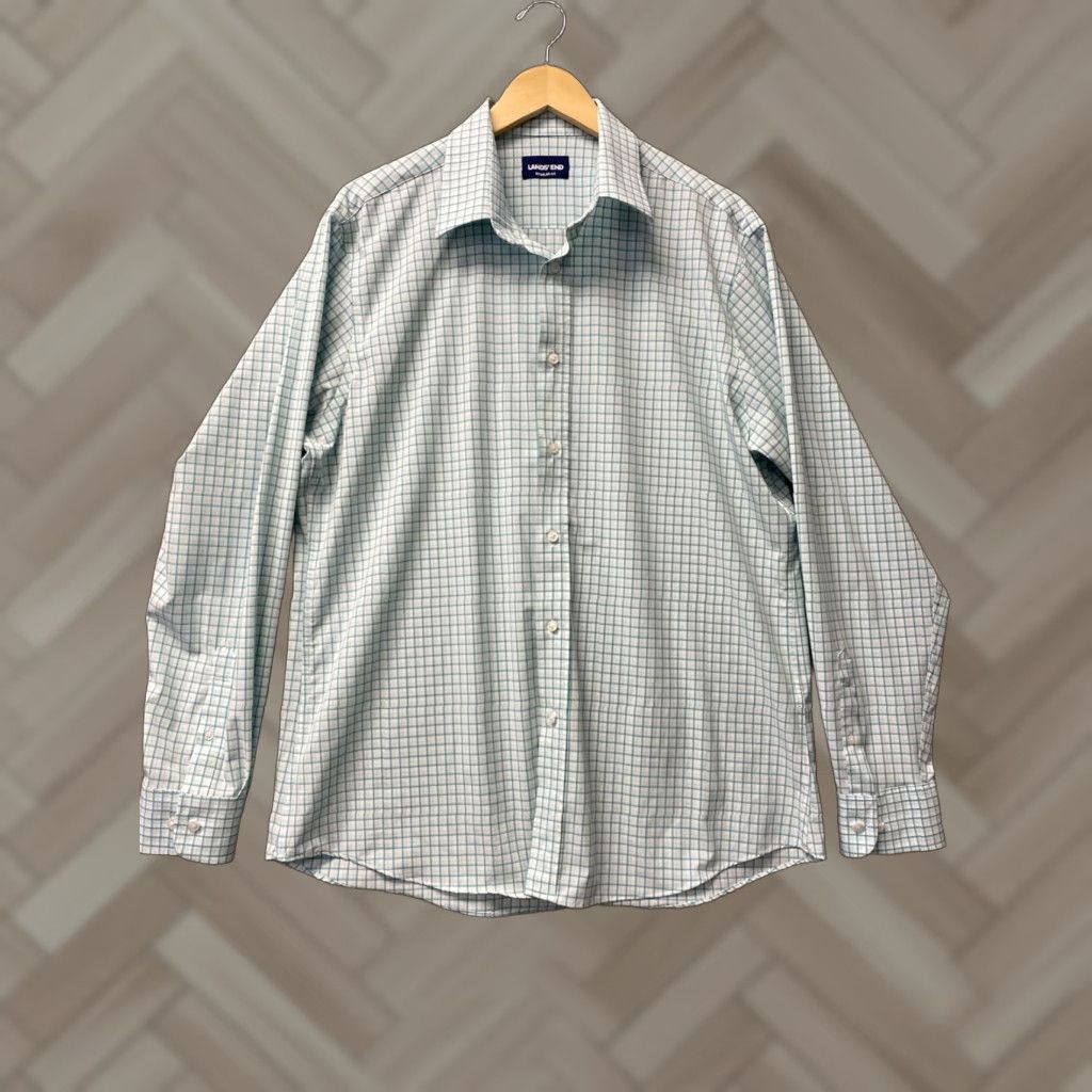 Lands' End Lands' End Shirt Mens Large Aqua Check Long Sleeve Button Performance /128-32 Size US L / EU 52-54 / 3 - 1 Thumbnail