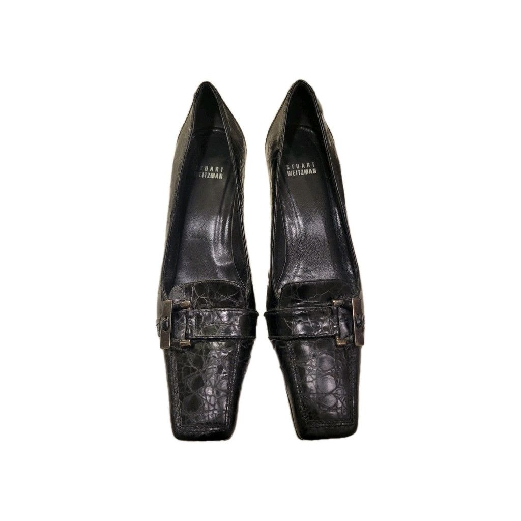 Stuart Weitzman STUART WEITZMAN Black Crocodile Embossed Square Toe Wedge Size US 8 / IT 38 - 3 Thumbnail