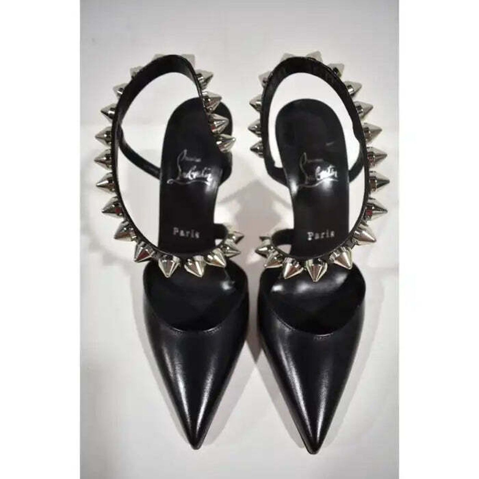 Christian Louboutin Spikita Pump 100 Black Silver Spike Strappy Sandal Heel 39 Size US 9 / IT 39 - 7 Thumbnail