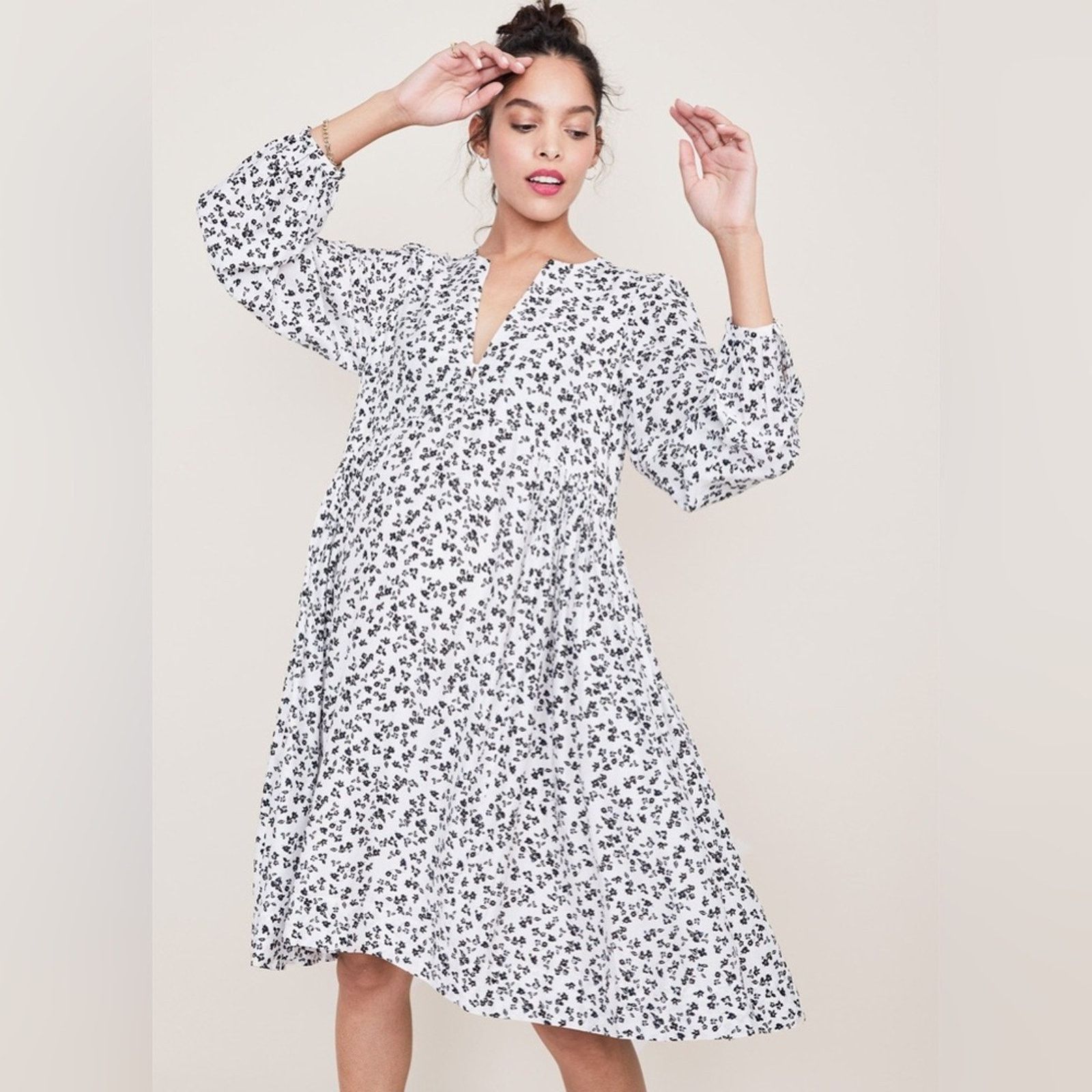 Hatch The Andrea Dress White Black Ditsy Floral Silk Blend S