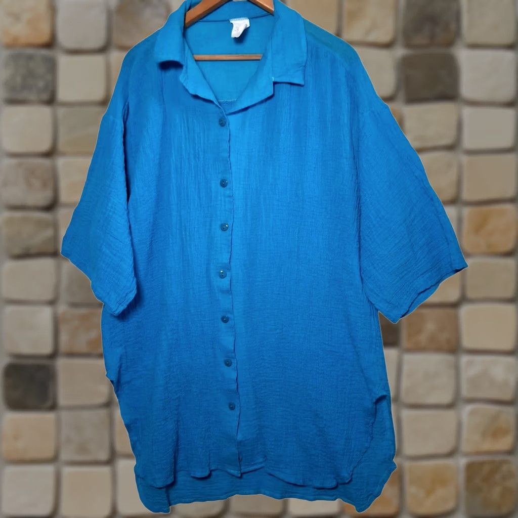 Vintage VINTAGE Loom Wear Shirt Plus Size 3X Turquoise Cotton Guaze Button Up Short Slv Size XXL / US 16-18 / IT 52-54 - 1 Thumbnail