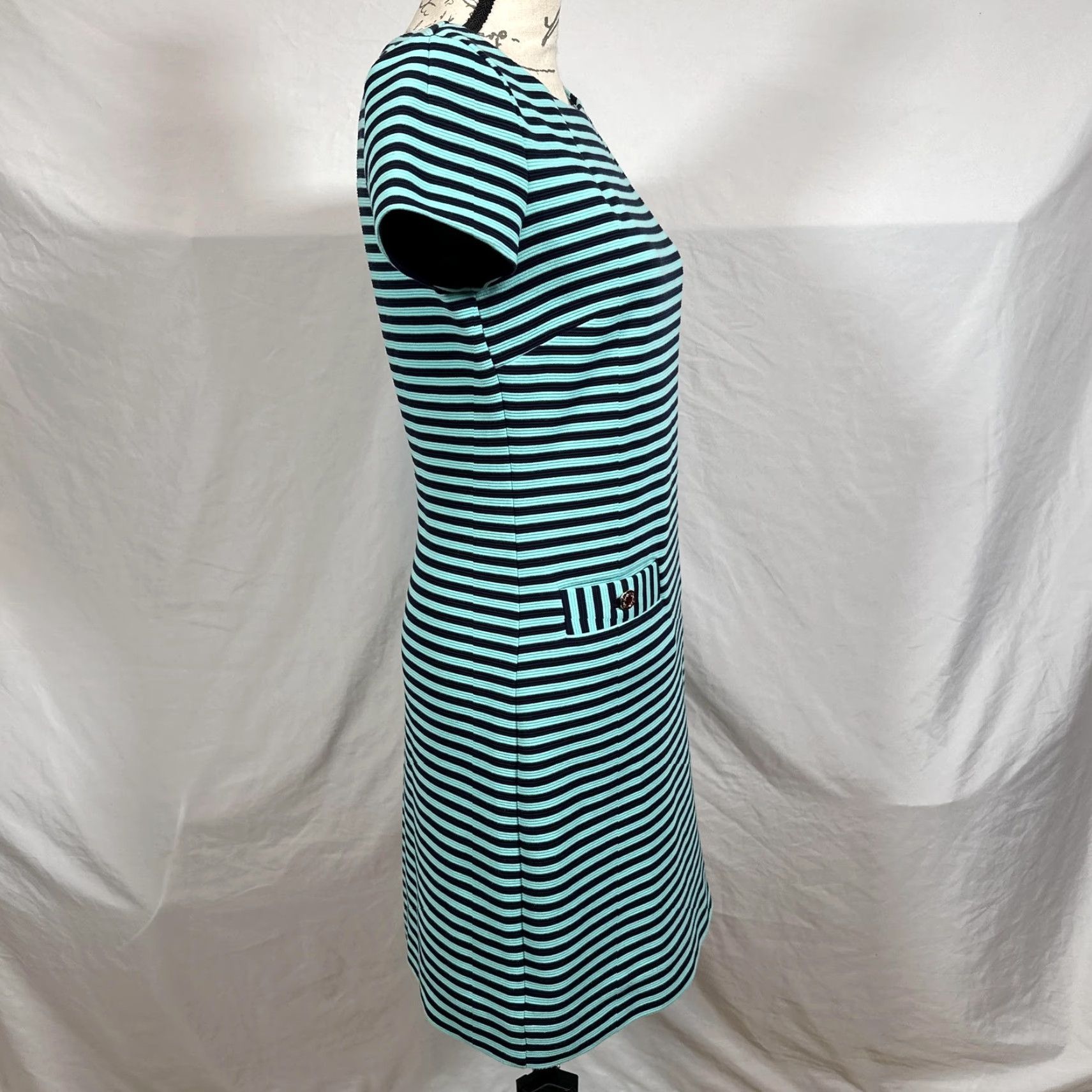 Lilly Pulitzer Lilly Pulitzer Dress Womens Small Teal Navy Stripe Short Sleeve Shift Gold Zip Size 28" / US 6 / IT 42 - 7 Thumbnail