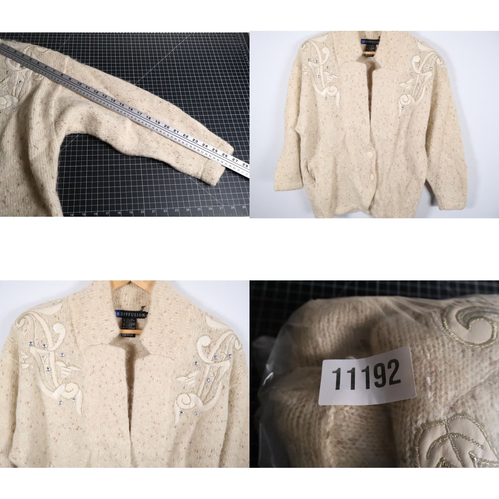 Vintage VINTAGE IB Diffusion Cardigan Sweater Women's Large Beige Beaded Wool Mohair Blend Heavyweight 90s Size L / US 10 / IT 46 - 8 Thumbnail