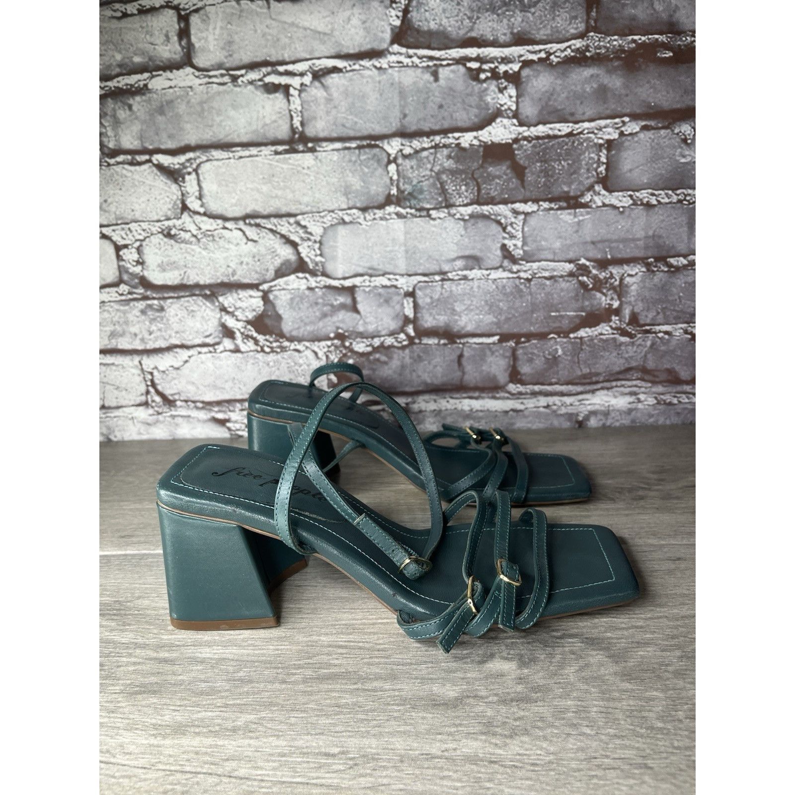 Free People Free People Niki Oasis Teal Blue Leather Strappy Block Heel Size US 8 / IT 38 - 13 Thumbnail