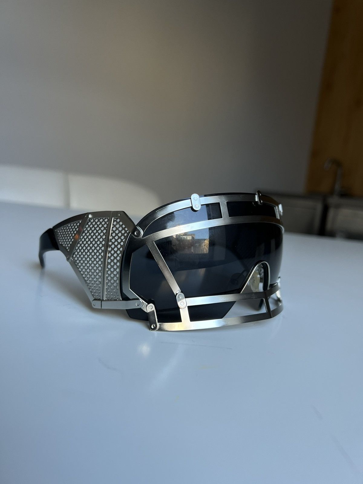 image of Ktz x Linda Farrow Metal Football Helmet Sunglasses in Steel, Men's