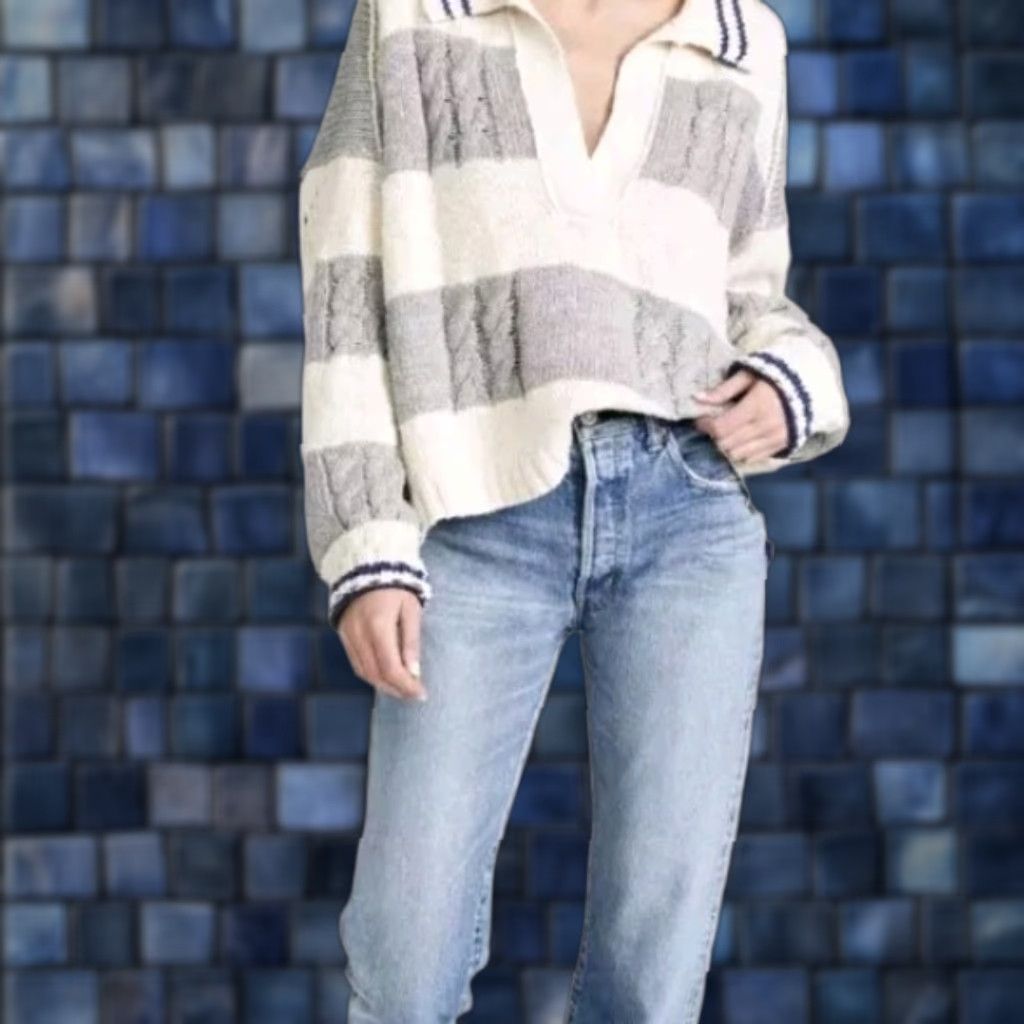 Free People Free People Sweater Womens Pullover Collar V Neck Striped Cable Knit Gray S Size S / US 4 / IT 40 - 1 Thumbnail