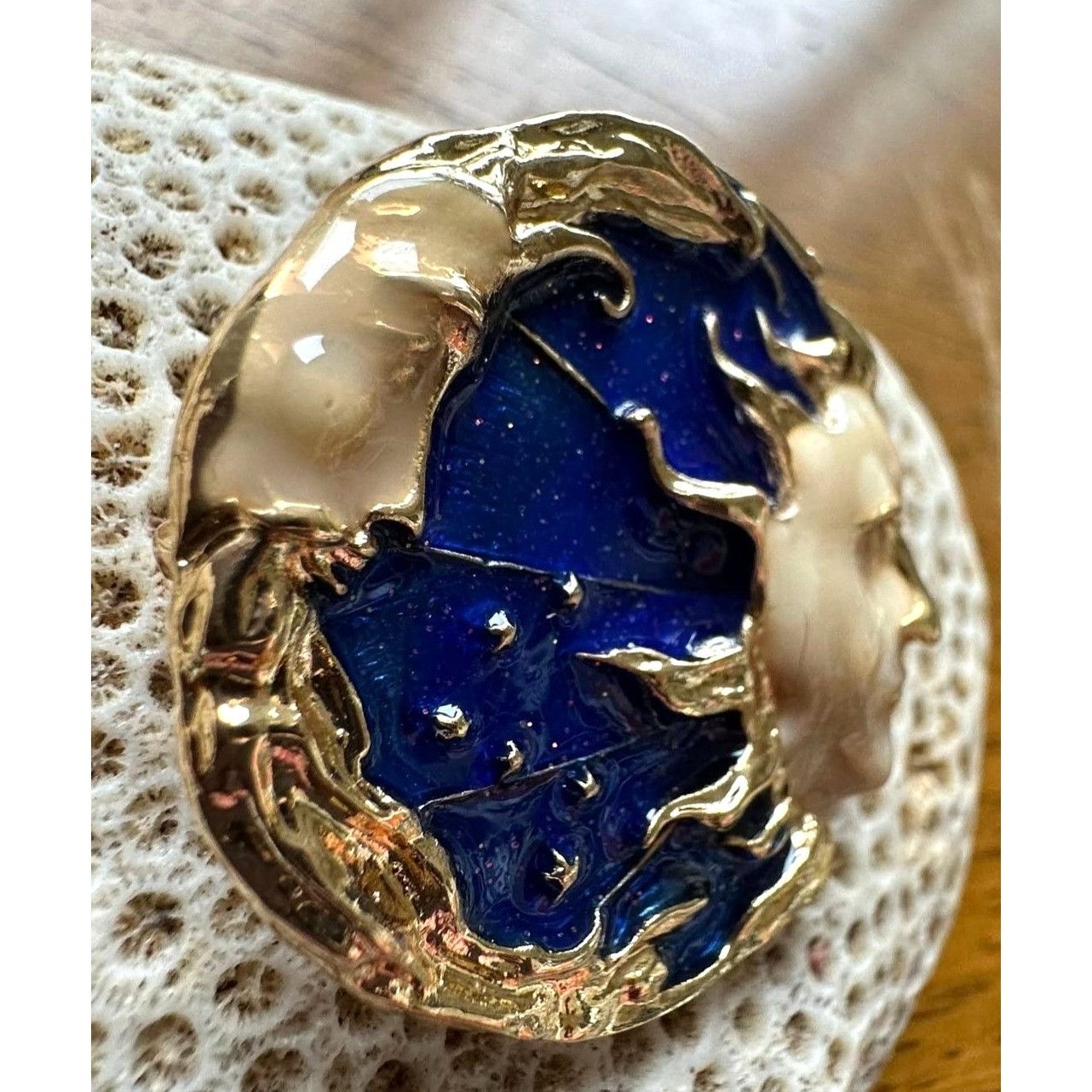 Handmade Celestial Moon Sun Brooch Pin New Gold Navy Yours is the Lig Size ONE SIZE - 11 Thumbnail