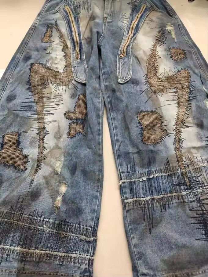 Designer × Japanese Brand × Vintage Destruction Style Embroidered Wide Leg Denim Size 32" / US 10 / IT 46 - 3 Thumbnail