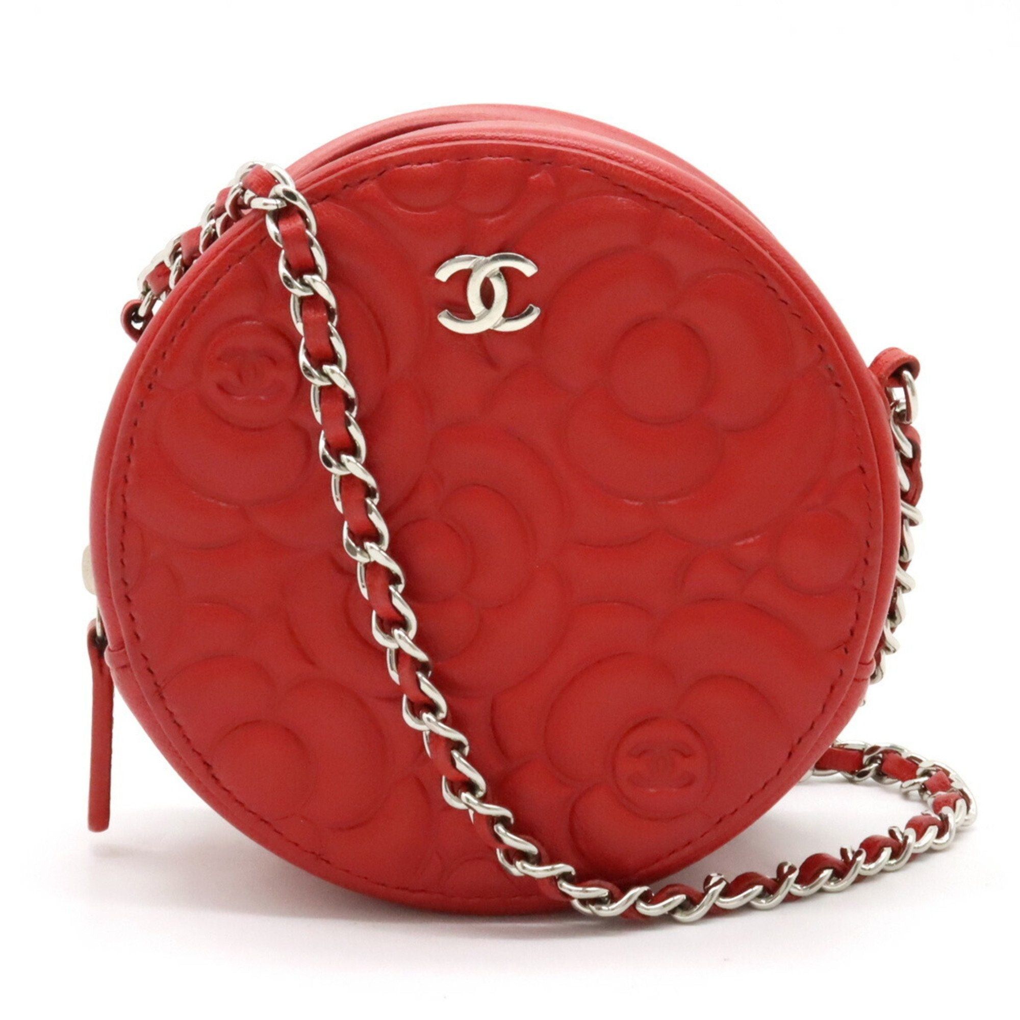 image of Chanel Camellia Cocomark Round Classic Chain Shoulder Bag Pochette Leather Red Ap0245, Women's