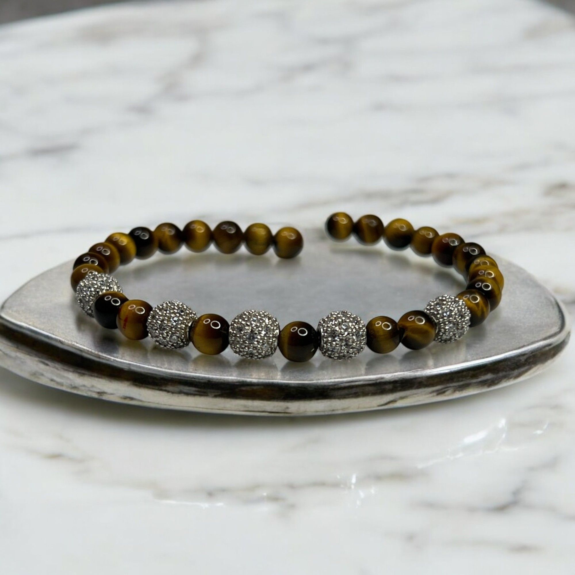 Designer Tigers Eye & Rhinestone Beaded Stretch Bracelet Size ONE SIZE - 1 Thumbnail