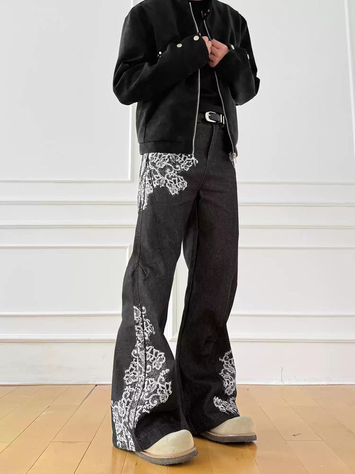 Vintage Black Wide Leg Jeans with White Floral Print, Flared Fit Size US 30 / EU 46 - 2 Thumbnail