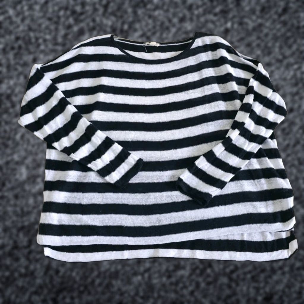 VINTAGE EILEEN FISHER Women's Blouse Shirt Casual Travel Workwear Party Size L White Black Striped Linen 90s Womens