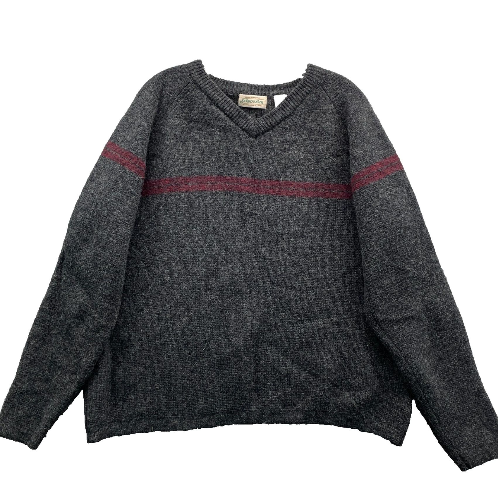 Vintage St Johns Bay Sweater Mens Large Gray 100% Wool V-Neck Knit Striped 90s Academia Size US L / EU 52-54 / 3 - 2 Thumbnail