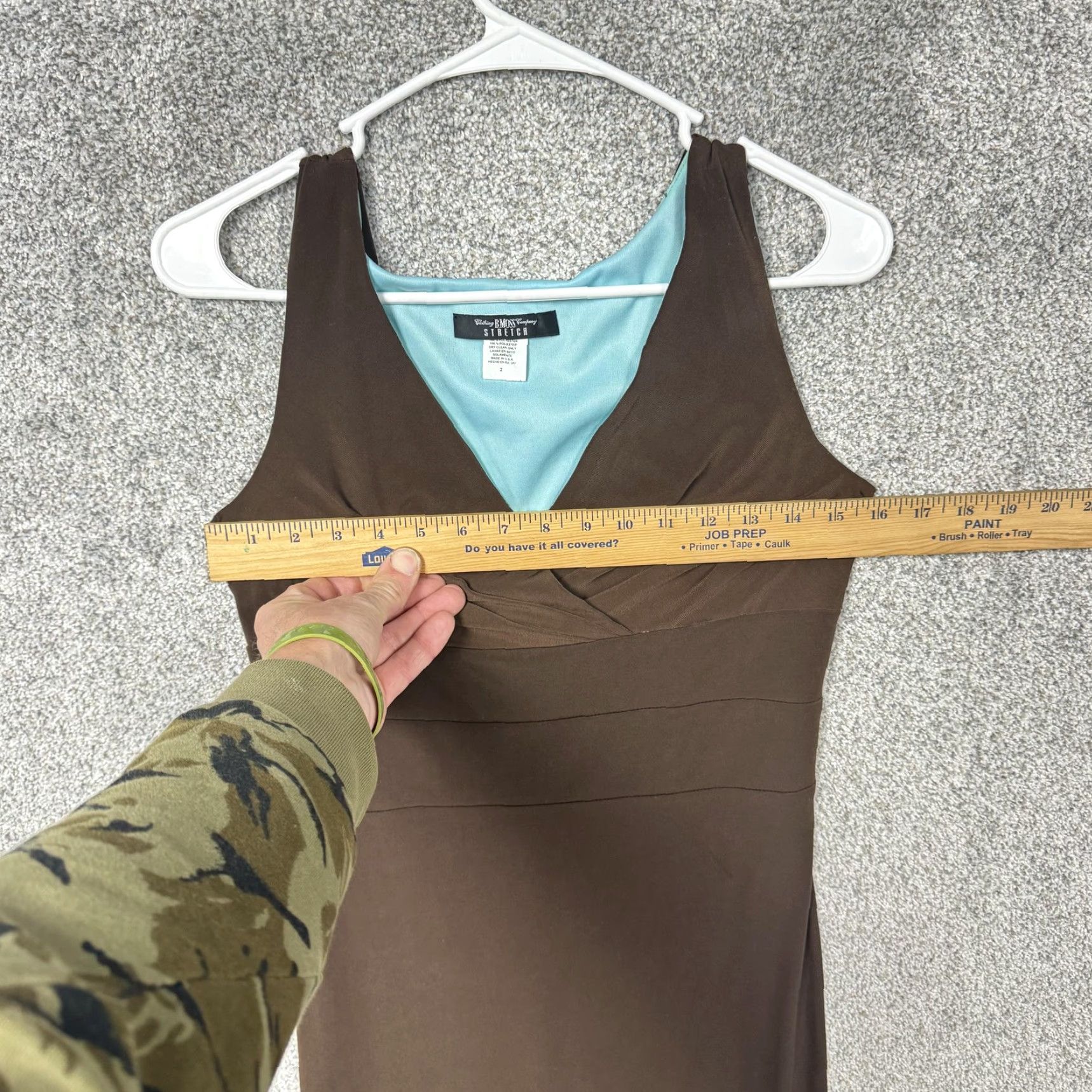 Vintage VINTAGE B. MOSS Dress Sheath 2 Women Brown Sleeveless V-Neck 39in Knee Length Polyester Jersey Party/Cocktail Brown Turquoise Contrast Interior Y2K Size XS / US 0-2 / IT 36-38 - 2 Thumbnail