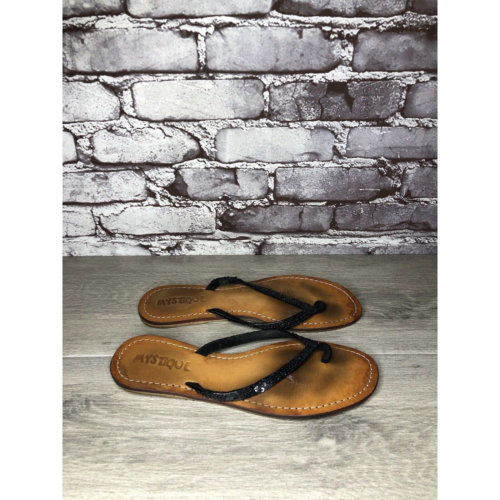 Other Mystique Black Leather Snake Skin Thong Flip Flops Sandals W Size US 9 / IT 39 - 4 Thumbnail