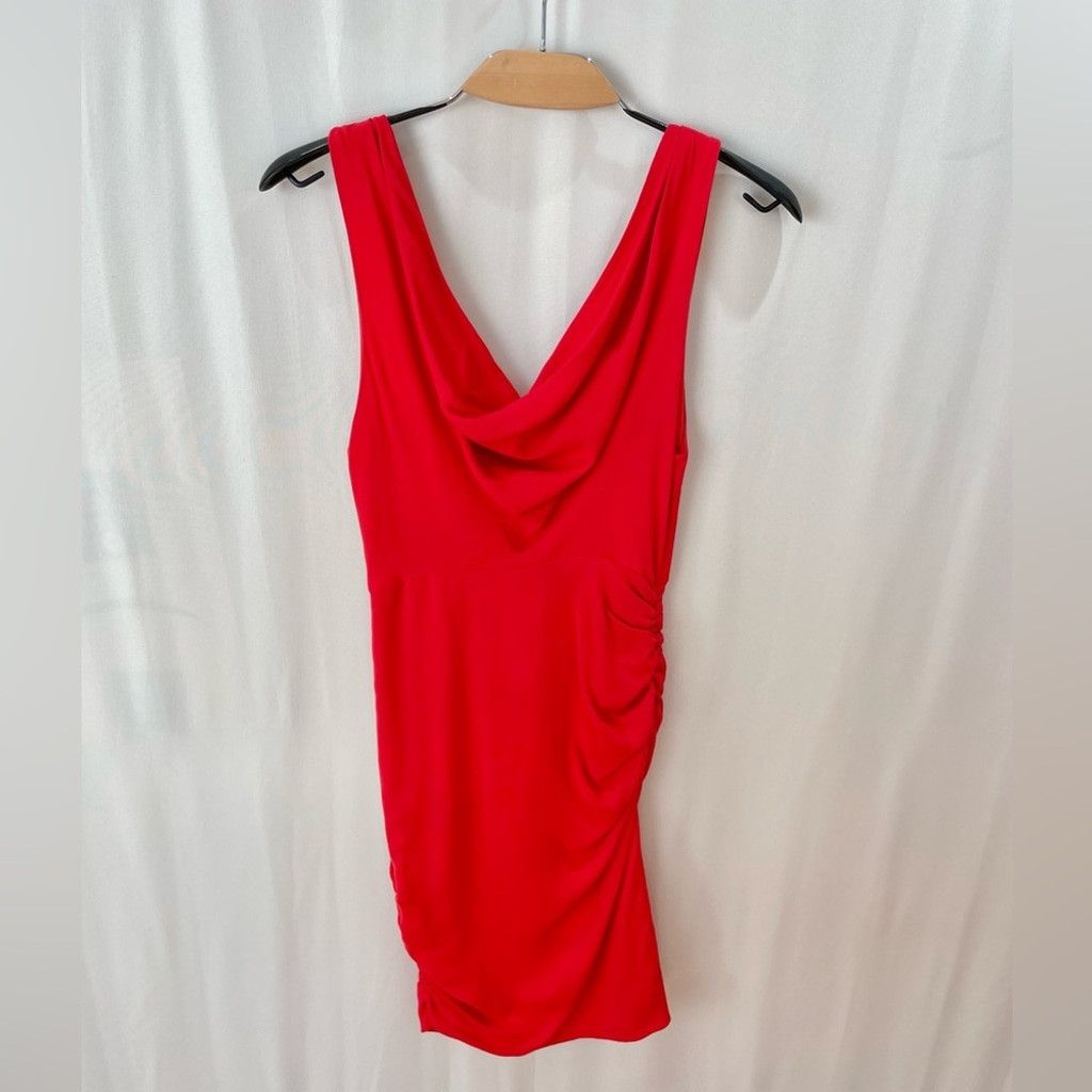 Alice + Olivia Alice + Olivia Red Draped Neck Side Ruched Mini Dress Size 6 Size M / US 6-8 / IT 42-44 - 2 Thumbnail