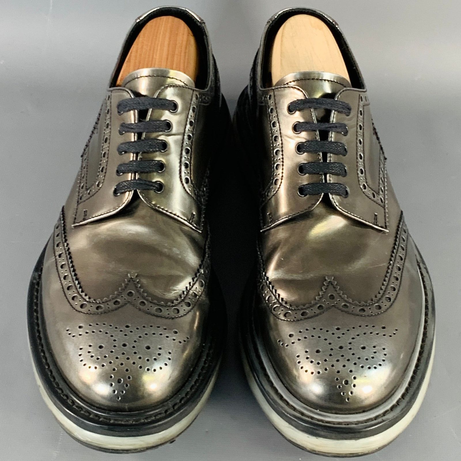 Prada PRADA Silver Metallic Leather Wingtip Lace-Up Shoes Size US 9 / EU 42 - 4 Thumbnail