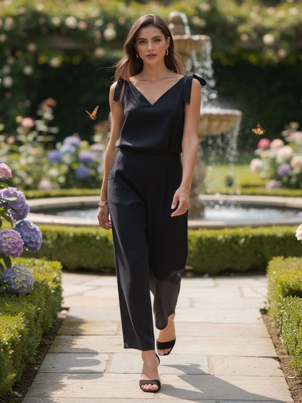 Other Heroes & Dreamers Black Linen Tie Shoulder Jumpsuit L Wide Size 33" - 1 Thumbnail