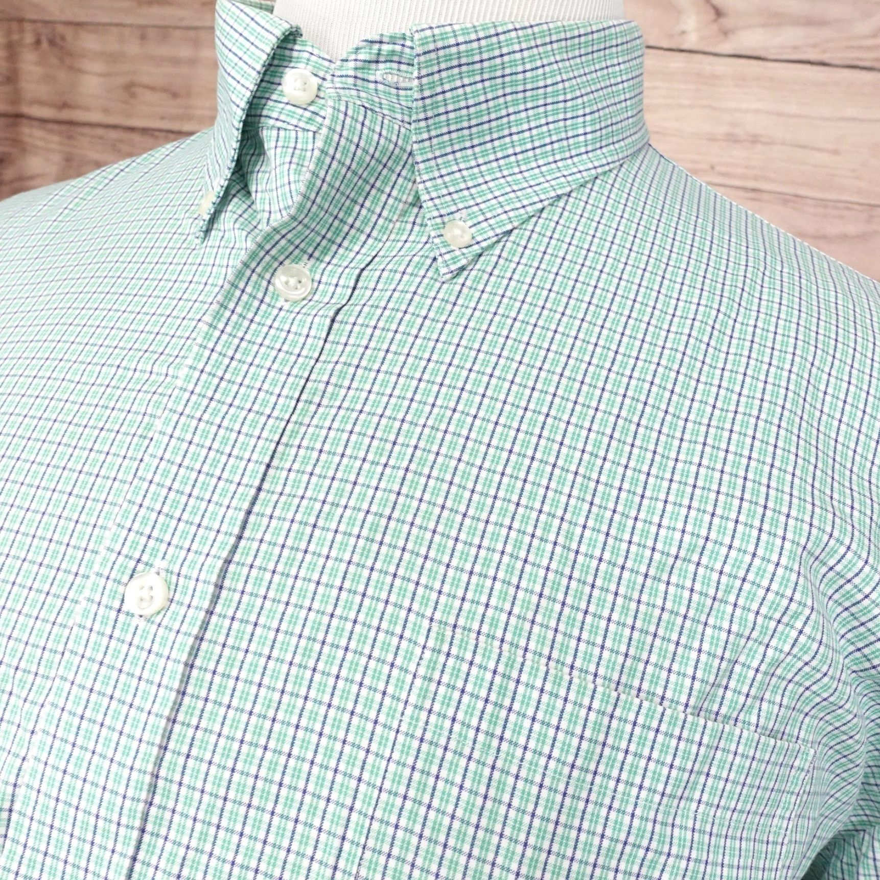 Lands' End LANDS' END Men's Short Sleeve Shirt 2XL Green Blue Plaid Cotton No Iron Button-Down Casual Size US XXL / EU 58 / 5 - 2 Thumbnail