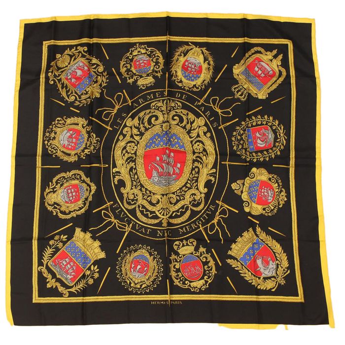 Hermes HERMES Carre 90 LES ARMES DE PARIS Scarf Silk Black Yellow Auth ...