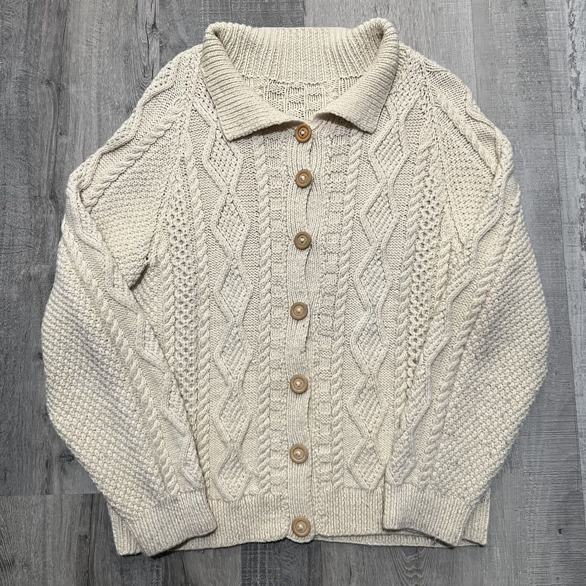 Handmade × Vintage VTG Ivory Beige Wool Cable Knit Fisherman Button Sweater Size L / US 10 / IT 46 - 1 Thumbnail