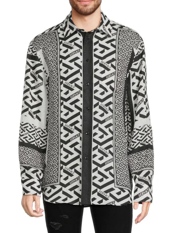 image of Versace Geometric Linen Button Down Shirt in Black White, Men's (Size Medium)