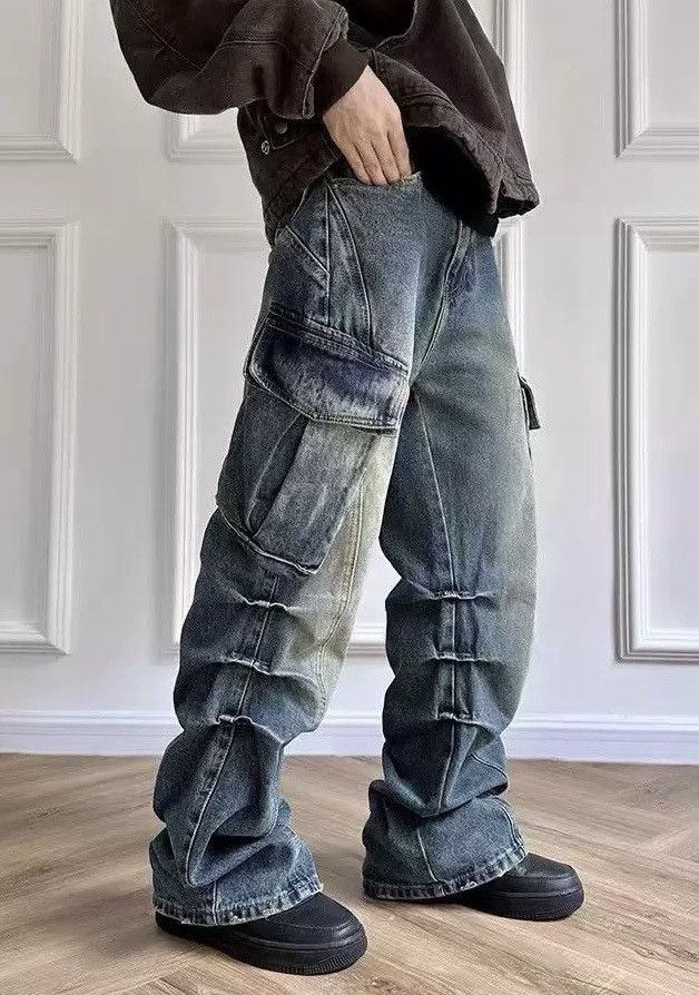 image of Vintage Avant Garde Stacked Cargo Jeans Pants in Blue, Men's (Size 30)