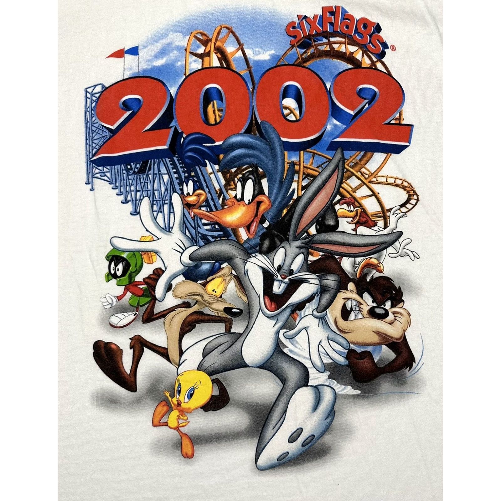 Vintage VINTAGE Six Flags Looney Tunes T-Shirt M White 2002 Bugs Bunny Taz Graphic Mens Womens Unisex Shirt Graphic Tee Size US M / EU 48-50 / 2 - 3 Thumbnail