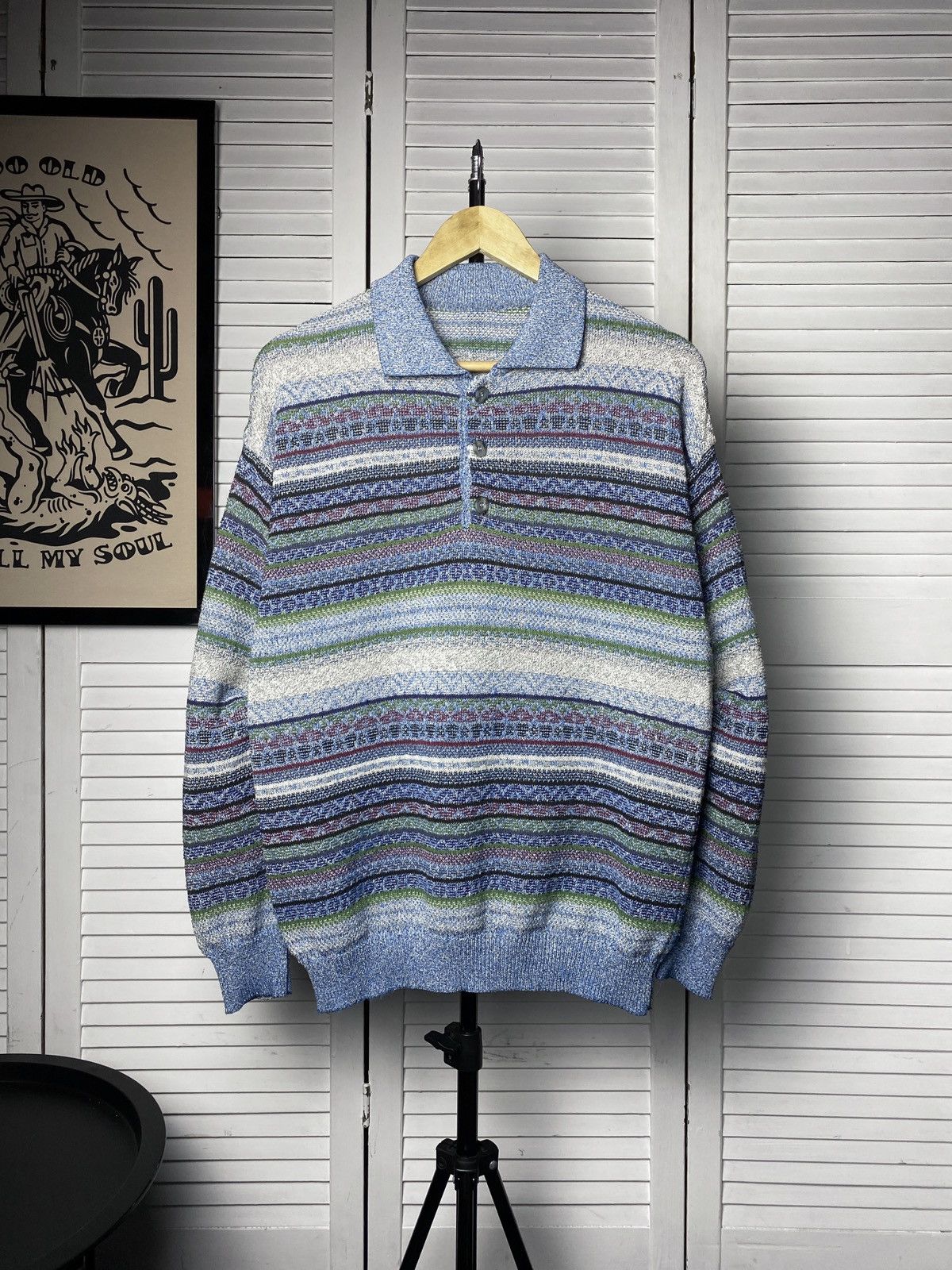 Coogi × Japanese Brand Vintage 80s Coogi Style Striped Knit Polo Neck Sweater Size US M / EU 48-50 / 2 - 1 Thumbnail