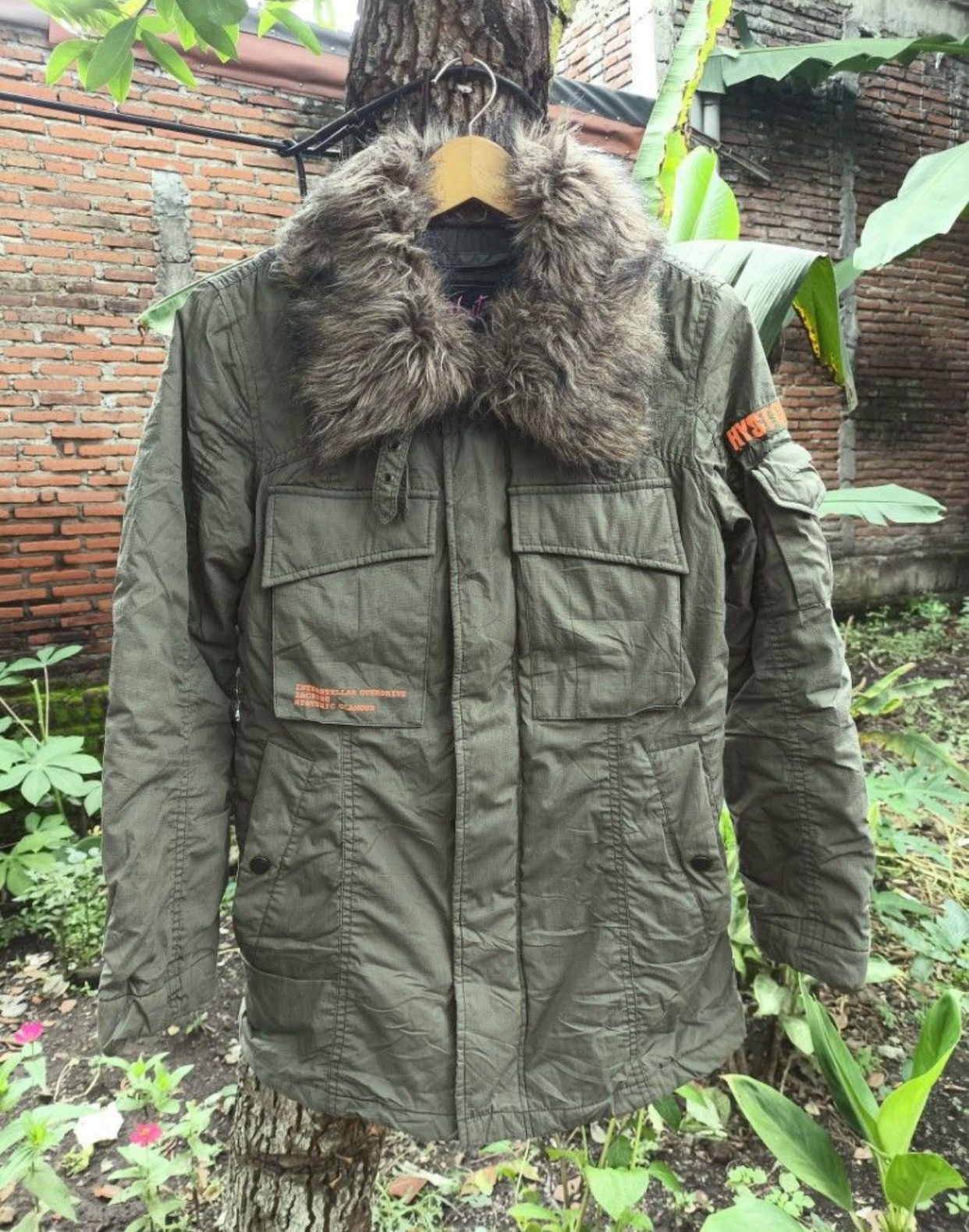 image of Hysteric Glamour Primaloft Puffer Patch Logo Jacket in Dark Green, Men's (Size Medium)