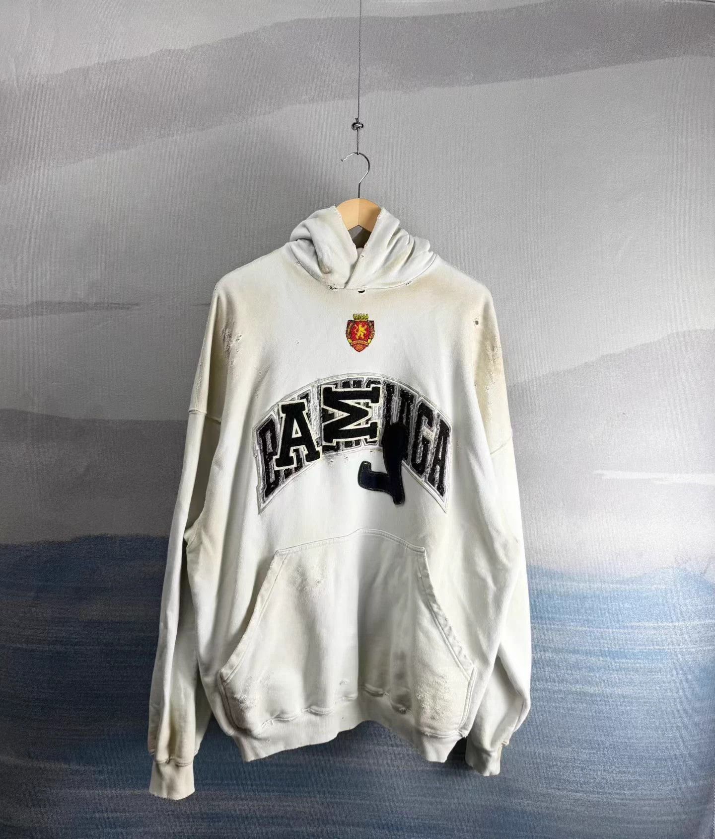 Balenciaga Balenciaga white distressed Manchester flocked logo hoodie Size US M / EU 48-50 / 2 - 1 Thumbnail