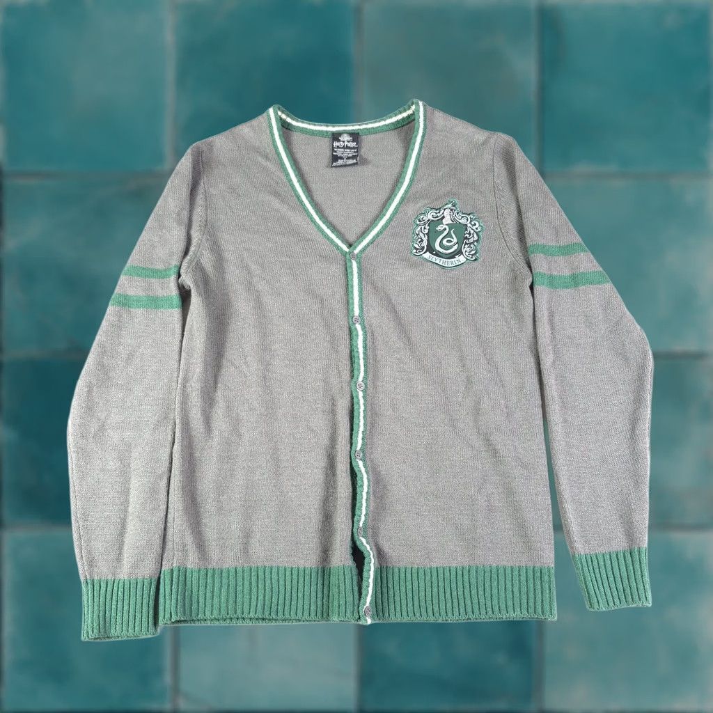 Harry Potter Sweater Mens Medium Gray Green Cardigan Slytherin Wizarding World, Men’s