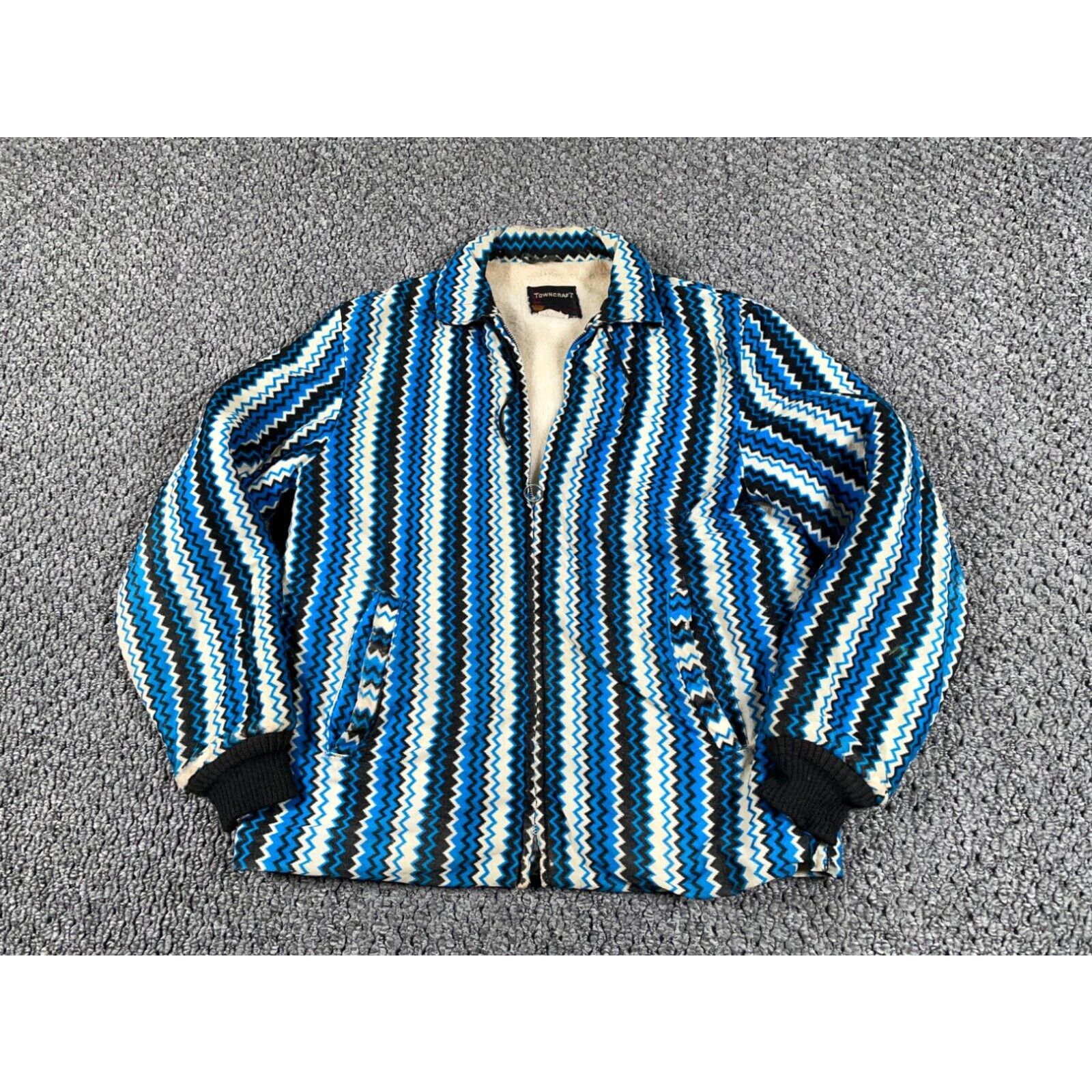 image of Vintage VTG 70's Sherpa Lined Fleece Jacket Adult Medium Blue Zig Zag Towncraft Boho in White, Men'