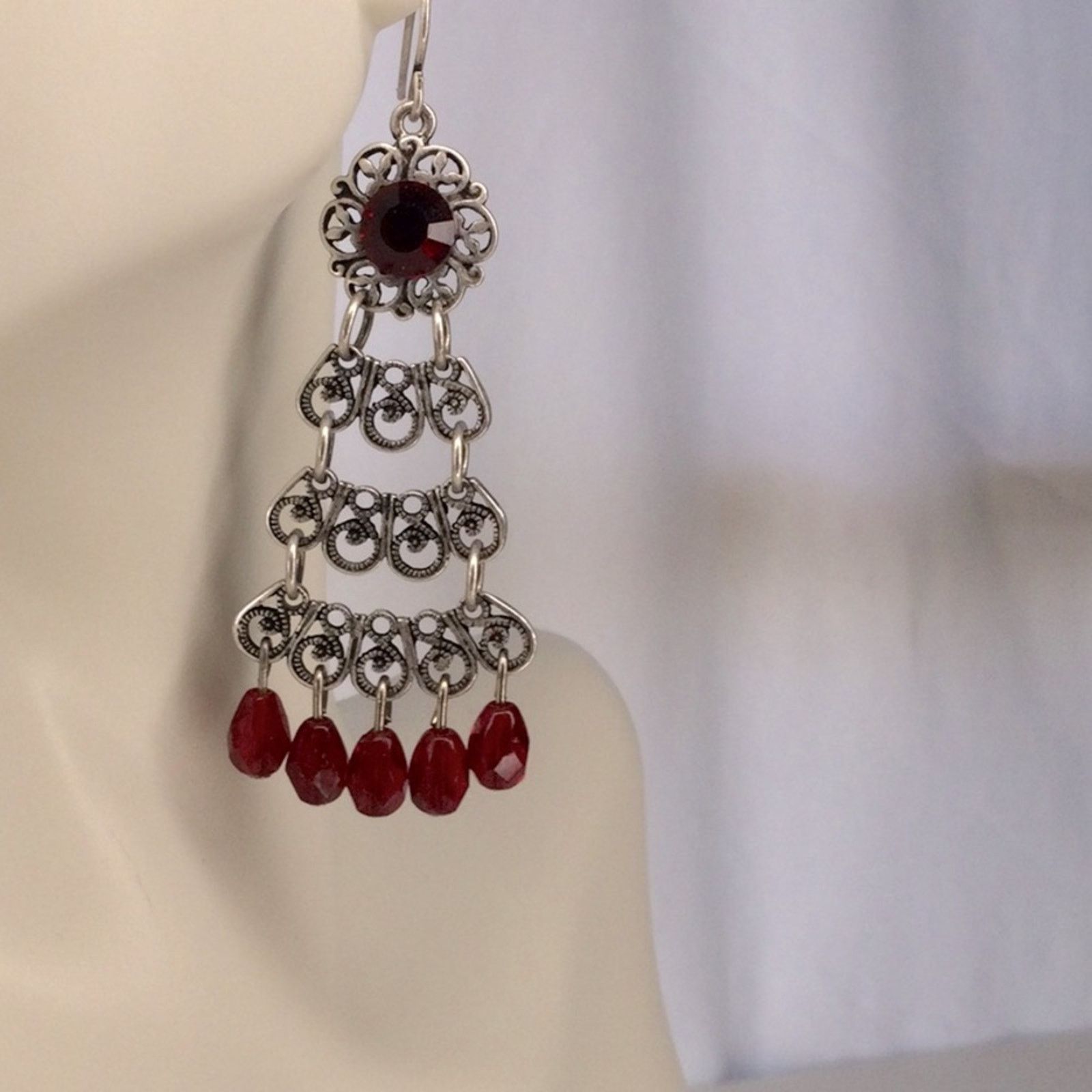 Other Retro 1990's Silver Tone Garnet Bead Chandelier Earrings Size ONE SIZE - 7 Thumbnail