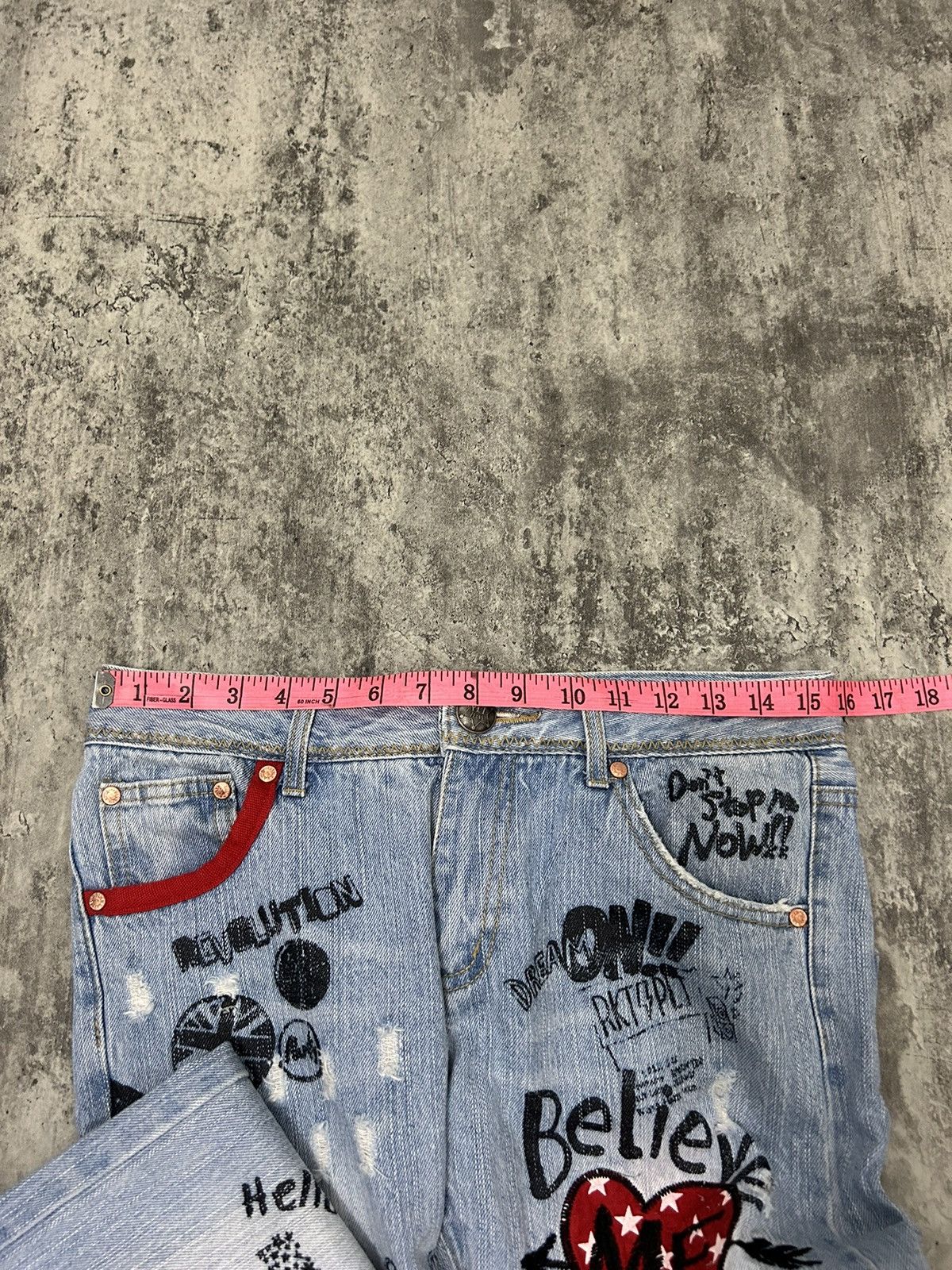 Japanese Brand × Undercover Pink Latte Believe Me Embroidered Distresse Jeans Size US 31 - 15 Thumbnail