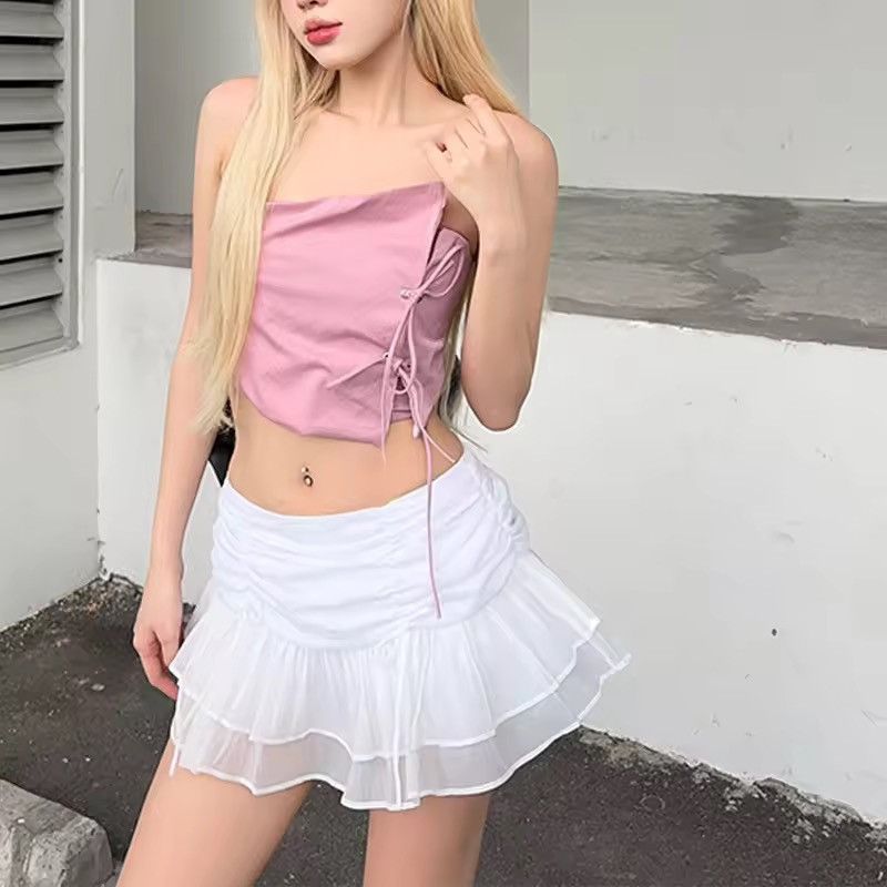 Japanese Brand White Ruched Drawstring Ruffle Mini Skirt Size 25" / US 0 / IT 36 - 2 Thumbnail