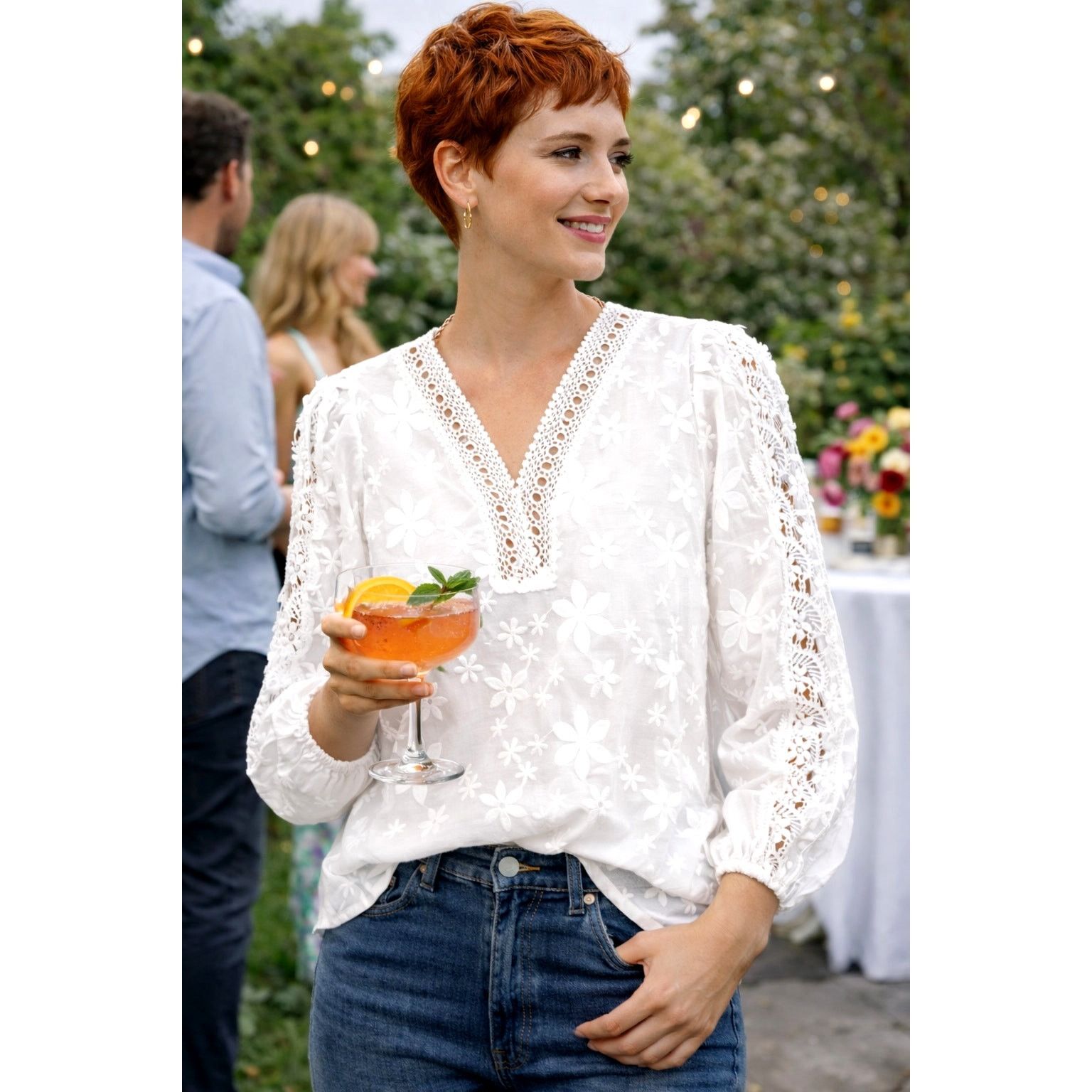 Other Contrast Lace Jacquard V Neck Blouse White Floral XXL (14) Size XL / US 12-14 / IT 48-50 - 1 Thumbnail
