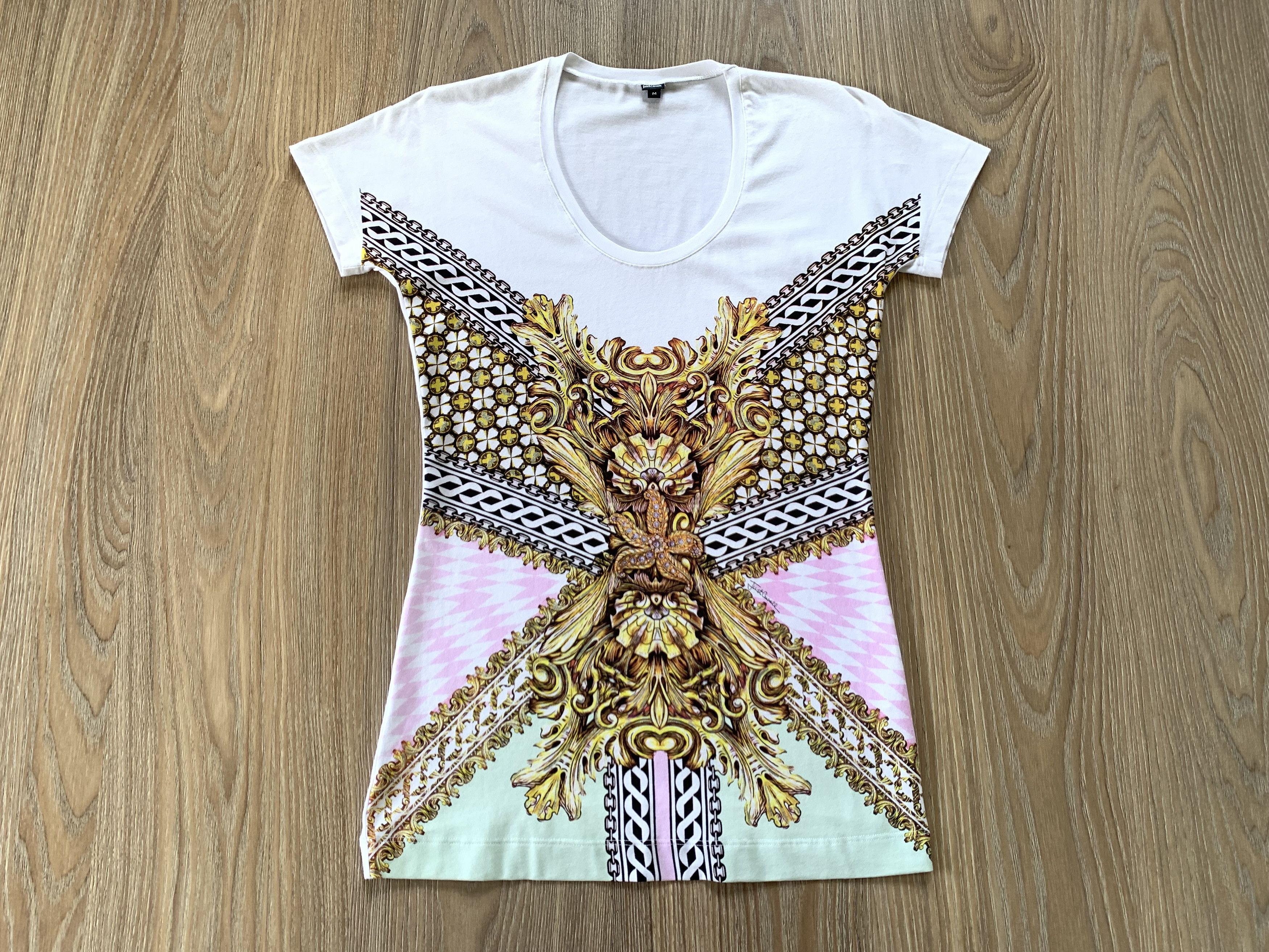 Just Cavalli Womens Just Cavalli V Neck White Cotton Printed T Shirt Size M / US 6-8 / IT 42-44 - 2 Thumbnail