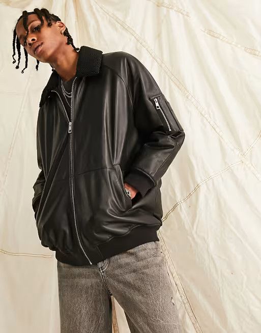 Asos Asos Oversized Black Leather Bomber Jacket Size US L / EU 52-54 / 3 - 1 Thumbnail